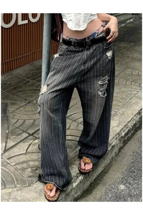 Y2K Grunge Distressed Pinstripe Cargo Pants for Trendy Summer Outfits