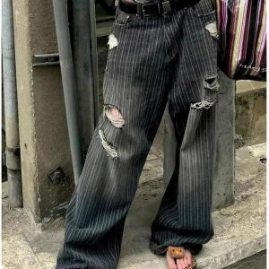 Y2K Grunge Distressed Pinstripe Cargo Pants for Trendy Summer Outfits