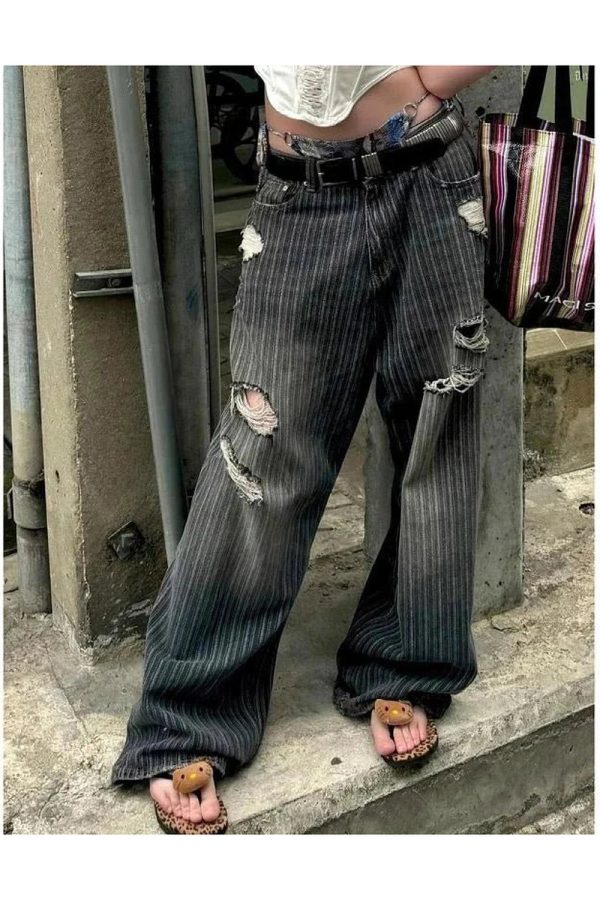 Y2K Grunge Distressed Pinstripe Cargo Pants for Trendy Summer Outfits