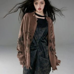 Y2K Grunge Distressed Zip-Up Hoodie for Trendy Summer Outfits