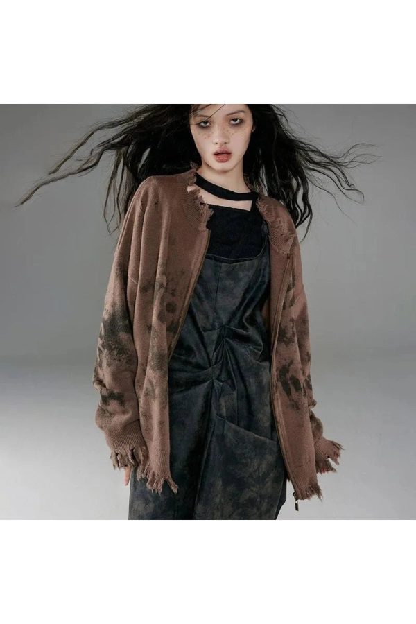 Y2K Grunge Distressed Zip-Up Hoodie for Trendy Summer Outfits