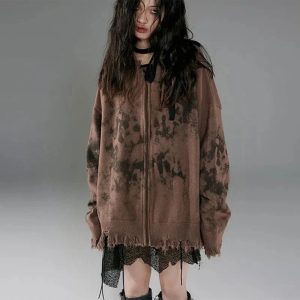 Y2K Grunge Distressed Zip-Up Hoodie for Trendy Summer Outfits