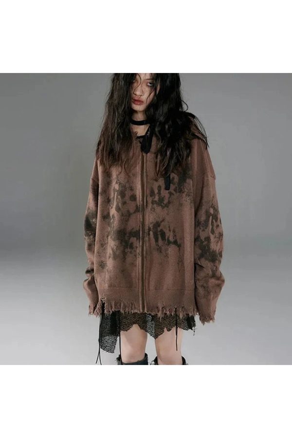 Y2K Grunge Distressed Zip-Up Hoodie for Trendy Summer Outfits