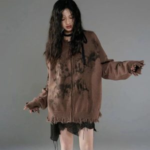 Y2K Grunge Distressed Zip-Up Hoodie for Trendy Summer Outfits