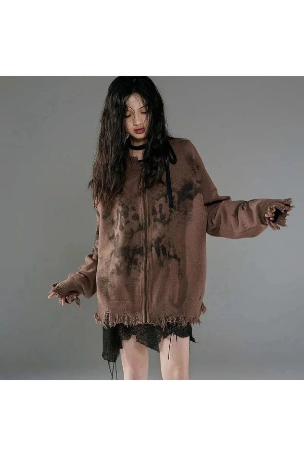 Y2K Grunge Distressed Zip-Up Hoodie for Trendy Summer Outfits