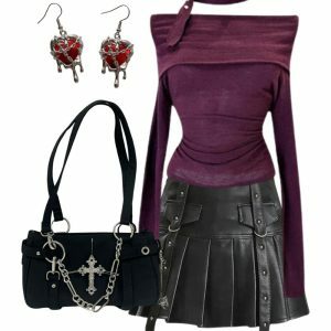 Y2K Grunge Mini Skirt Set: Buckled Pleated Skirt & Asymmetric Top