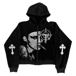 Y2K Grunge Noir Graphic Hoodie: Trendy 90s Aesthetic Streetwear