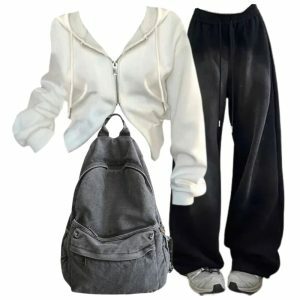 Y2K Grunge Outfit: Baggy Sweatpants, White Zip Hoodie & Urban Ash Backpack