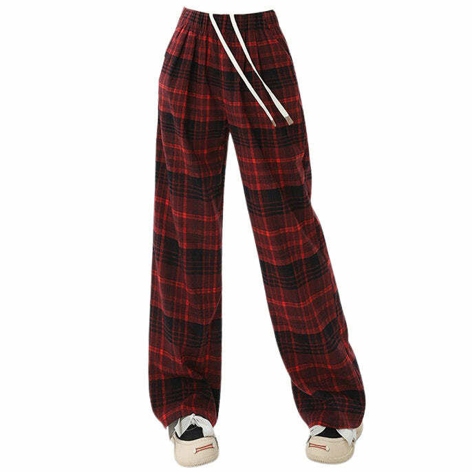 Y2K Grunge Plaid Cargo Pants in Red - Trendy 90s Fashion Statement