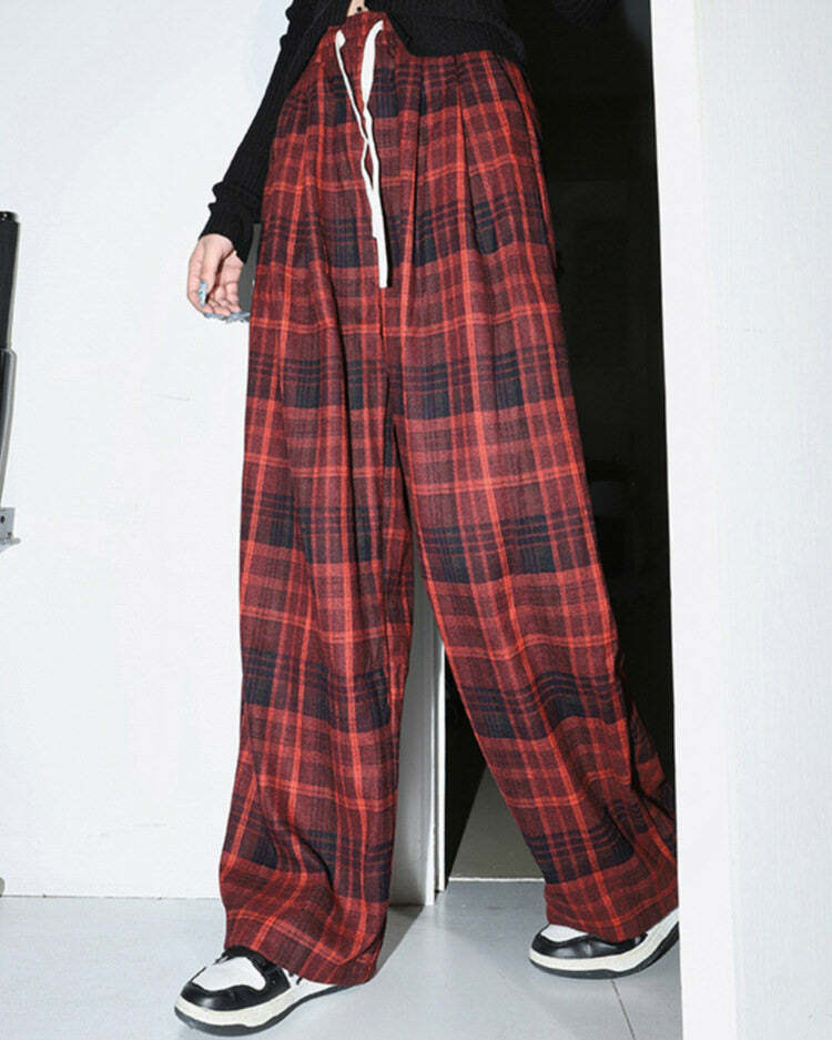 Y2K Grunge Plaid Cargo Pants in Red - Trendy 90s Fashion Statement