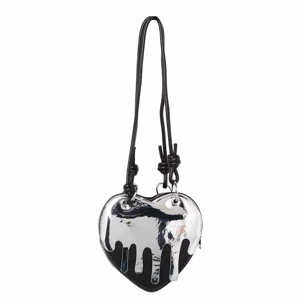 Y2K Grunge Silver Drip Heart Handbag - Trendy 90s Aesthetic Accessory