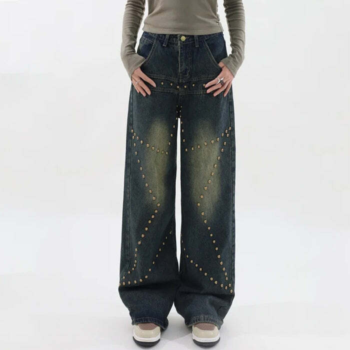 Y2K Grunge Style Brown Star Rivet Baggy Jeans for Trendy Outfits