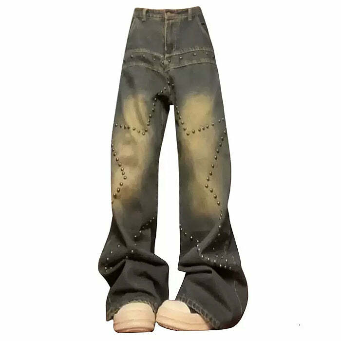 Y2K Grunge Style Brown Star Rivet Baggy Jeans for Trendy Outfits