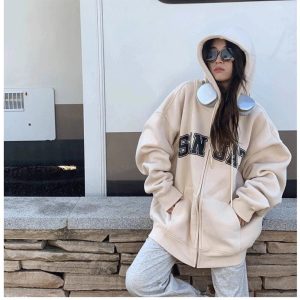 Y2K-Inspired Fall Neutral Varsity Zip-Up Hoodie for Trendy Outfits