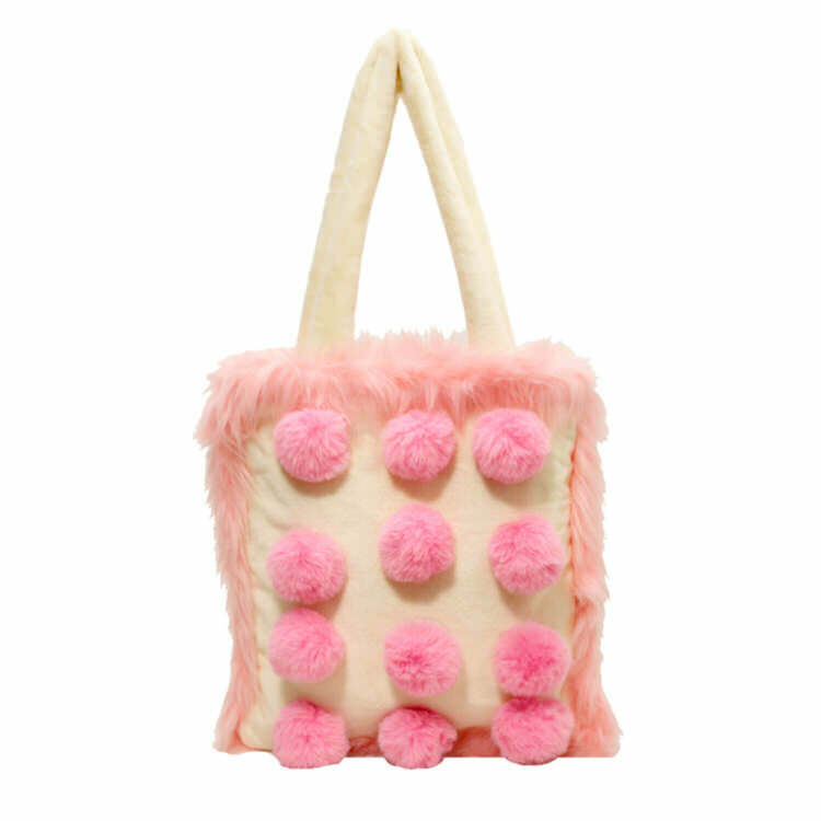 Y2K-Inspired Fluffy Pom Poms Bag in Pink for Trendy Summer Outfits