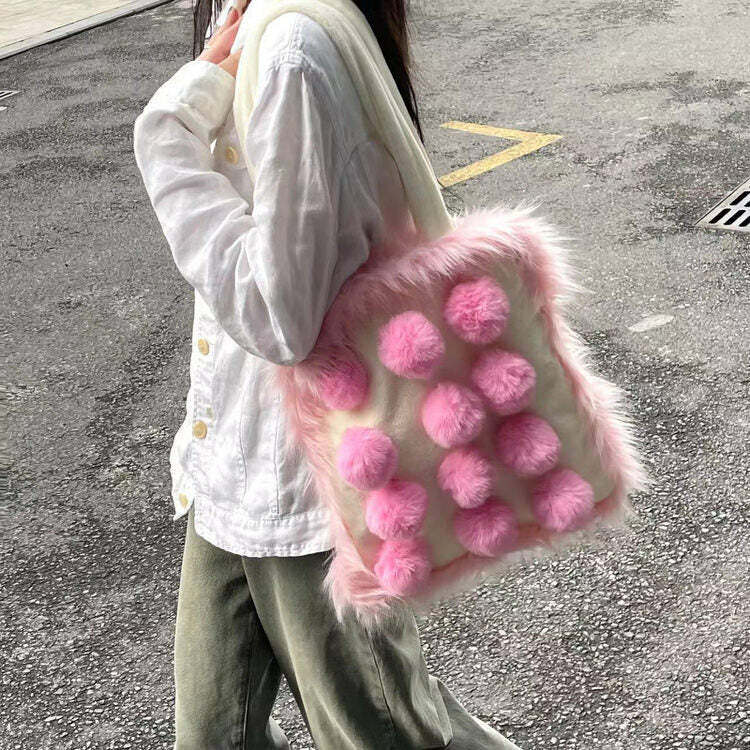 Y2K-Inspired Fluffy Pom Poms Bag in Pink for Trendy Summer Outfits