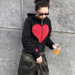 Y2K Lovecore Heart Zip-Up Hoodie for Trendy Summer Outfits