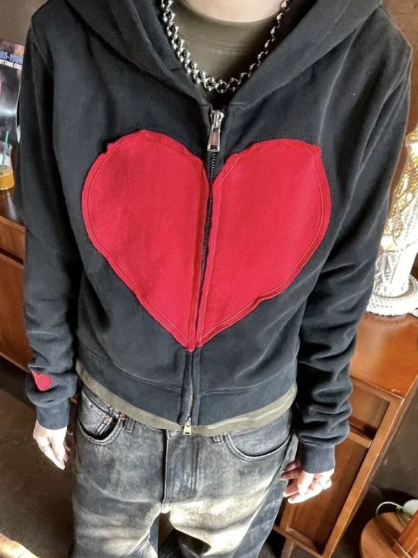 Y2K Lovecore Heart Zip-Up Hoodie for Trendy Summer Outfits