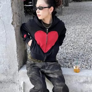 Y2K Lovecore Heart Zip-Up Hoodie for Trendy Summer Outfits