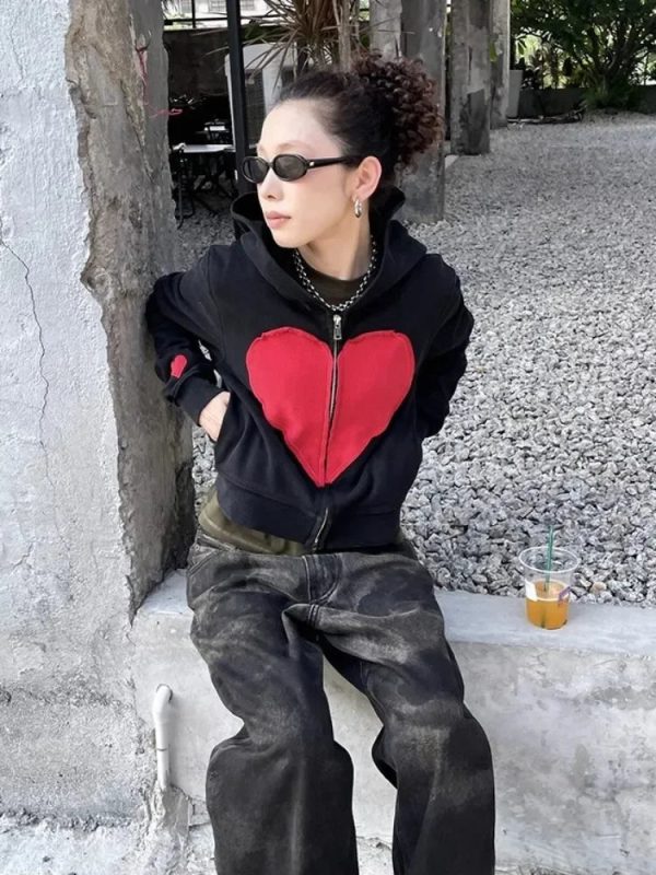 Y2K Lovecore Heart Zip-Up Hoodie for Trendy Summer Outfits