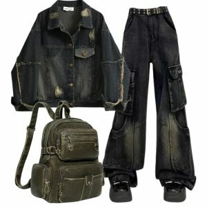 Y2K Outfit: Distressed Denim Jacket, Gothic Cargo Flare Jeans & Vintage Backpack