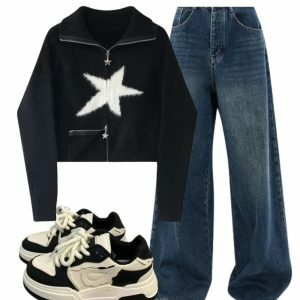 Y2K Outfit: Oversized Dark Wash Wide-Leg Jeans & Cozy Star Zip-Up Sweater