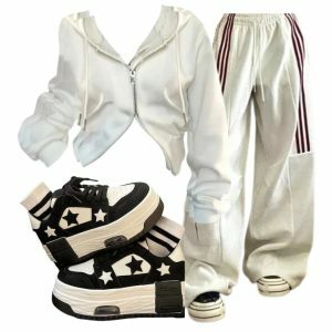 Y2K Outfit: Striped Cargo Pants, White Zip Hoodie & Acubi Star Skate Shoes