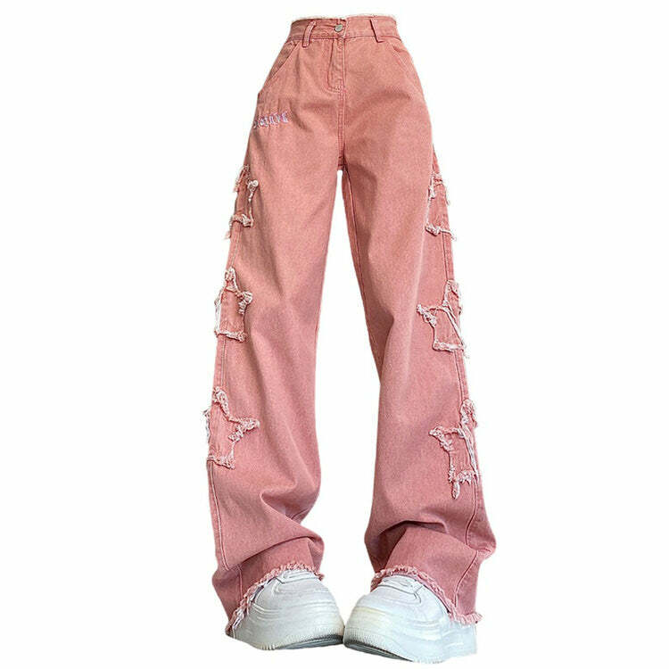 Y2K Pink Star Wide Leg Jeans for Trendy Summer Outfits