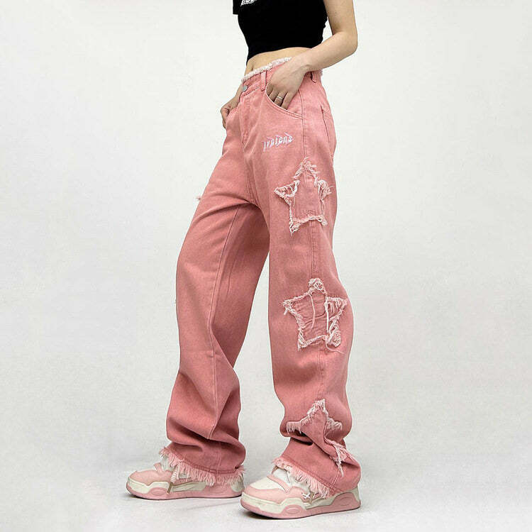 Y2K Pink Star Wide Leg Jeans for Trendy Summer Outfits