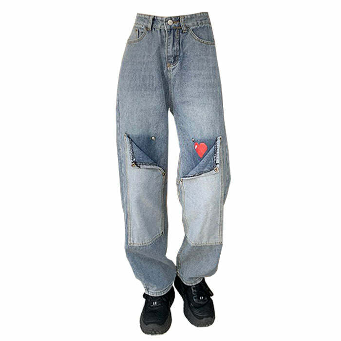 Y2K Pixel Heart Wide Leg Jeans for Trendy Summer Outfits