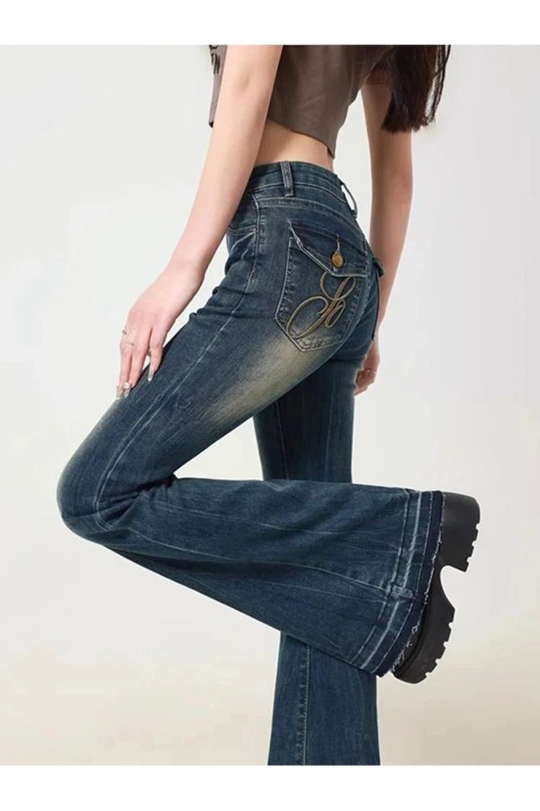 Y2K Retro Embroidered Flare Jeans for Trendy Summer Outfits