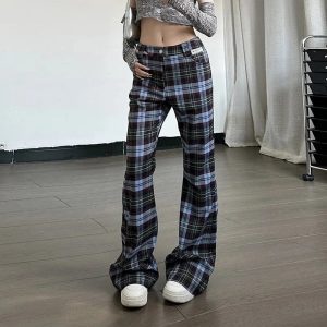 Y2K Retro Plaid Flare Pants for Trendy Summer Outfits and Grunge Style