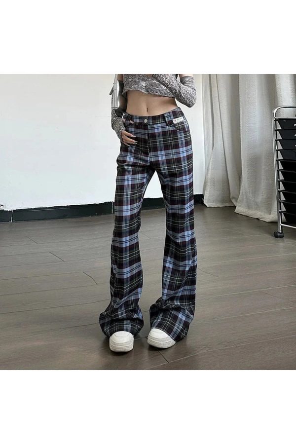 Y2K Retro Plaid Flare Pants for Trendy Summer Outfits and Grunge Style