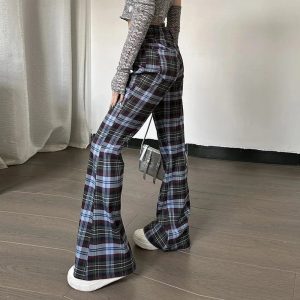 Y2K Retro Plaid Flare Pants for Trendy Summer Outfits and Grunge Style