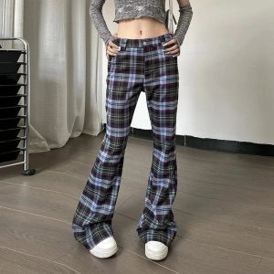 Y2K Retro Plaid Flare Pants for Trendy Summer Outfits and Grunge Style