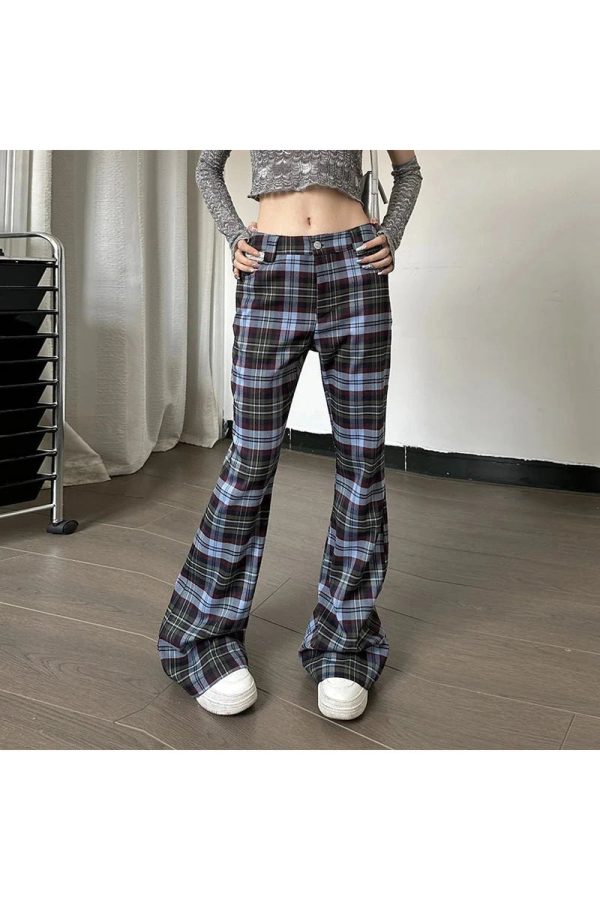 Y2K Retro Plaid Flare Pants for Trendy Summer Outfits and Grunge Style