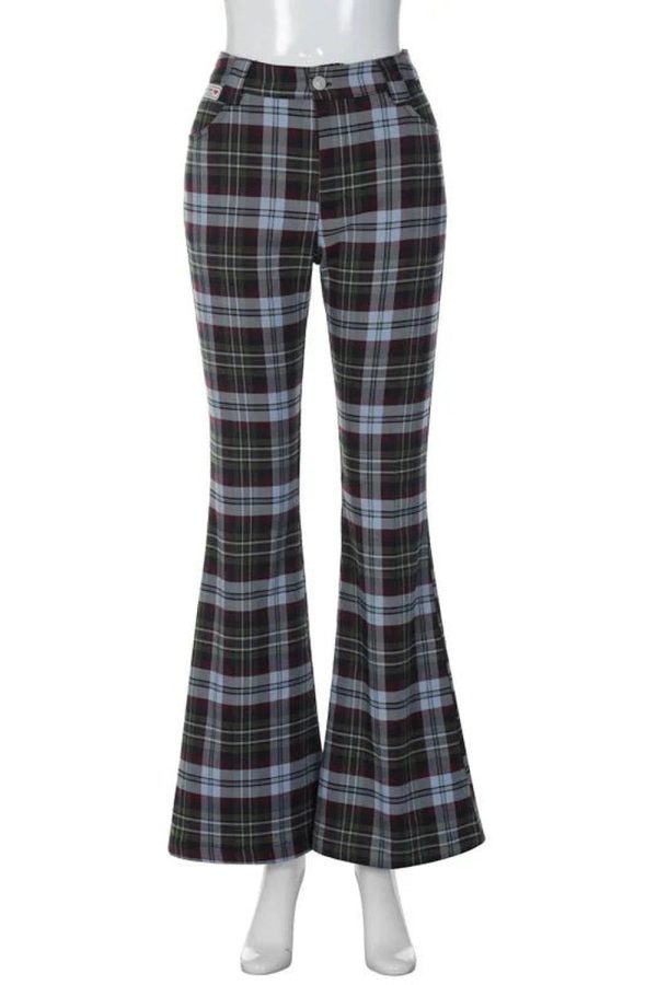 Y2K Retro Plaid Flare Pants for Trendy Summer Outfits and Grunge Style