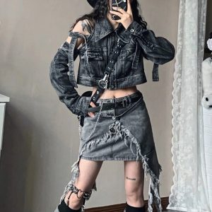 Y2K Shredded Denim Set: Grunge Style for Effortless Summer Outfits