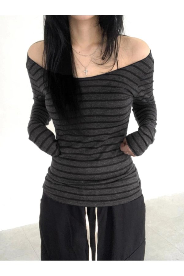 Y2K Striped Off-Shoulder Knit Top for Trendy Summer Outfits