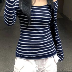 Y2K Striped Off-Shoulder Knit Top for Trendy Summer Outfits