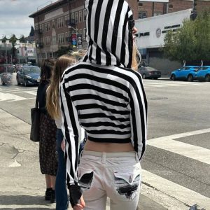 Y2K Striped Shadow Crop Hoodie: Trendy Grunge Aesthetic for Summer Outfits