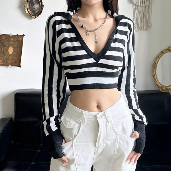 Y2K Striped Shadow Crop Hoodie: Trendy Grunge Aesthetic for Summer Outfits