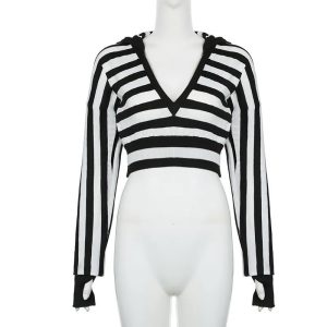 Y2K Striped Shadow Crop Hoodie: Trendy Grunge Aesthetic for Summer Outfits