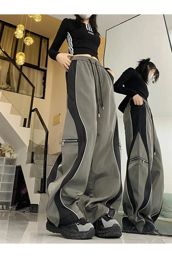 Y2K Techwear Contrast Wide-Leg Cargo Pants for Trendy Summer Outfits