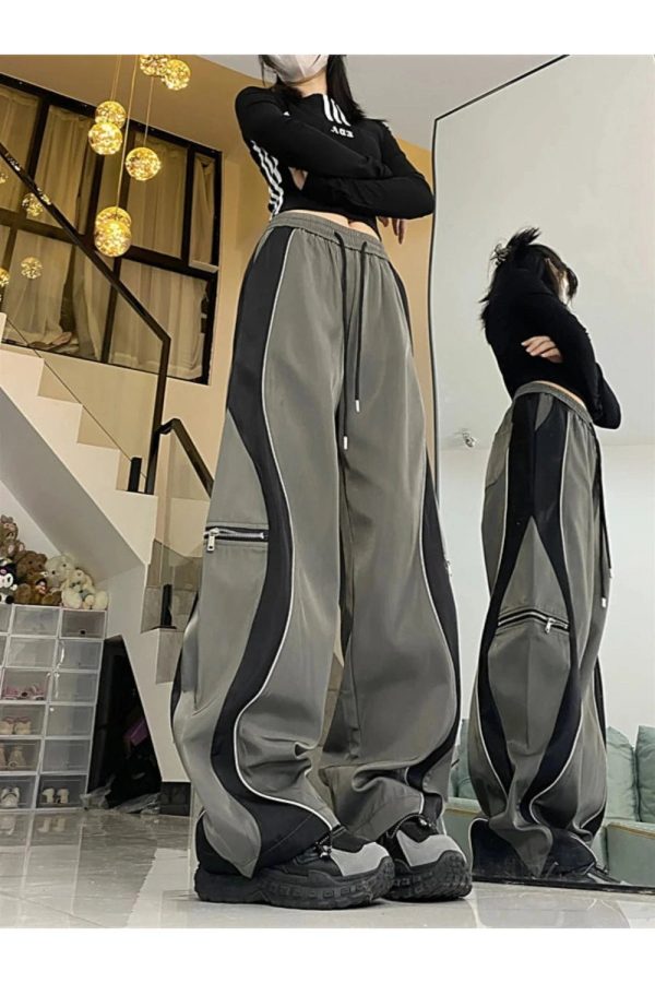 Y2K Techwear Contrast Wide-Leg Cargo Pants for Trendy Summer Outfits