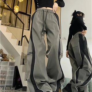 Y2K Techwear Contrast Wide-Leg Cargo Pants for Trendy Summer Outfits