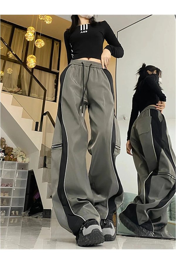 Y2K Techwear Contrast Wide-Leg Cargo Pants for Trendy Summer Outfits