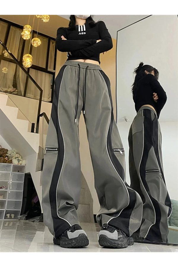 Y2K Techwear Contrast Wide-Leg Cargo Pants for Trendy Summer Outfits