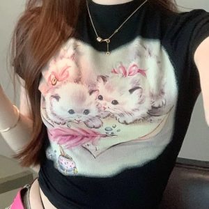 Y2K Vintage Kitten Graphic Tee: Cute Summer Outfit Essential